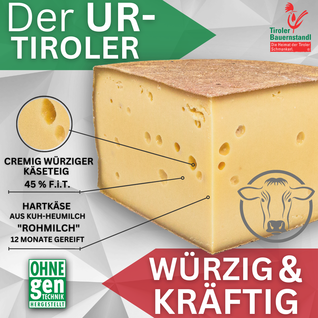 Ur-Tyroler Bergkäse 500g | würzig & cremig 9 Monate gereift | 45 % Fett i. Tr. - Tiroler Bauernstandl