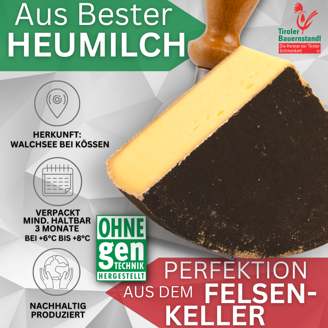 Tiroler Schwarzer Peter würziger Schnittkäse mit Asche | 45% Fett i.Tr - Tiroler Bauernstandl