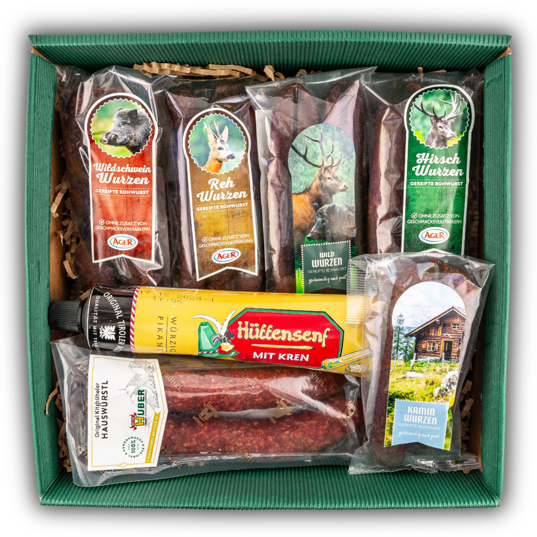 Geschenkbox "Wurzn" | 6 Pack verschiedene Wurst und 1x Hüttensenf aus den Alpen - Tiroler Bauernstandl