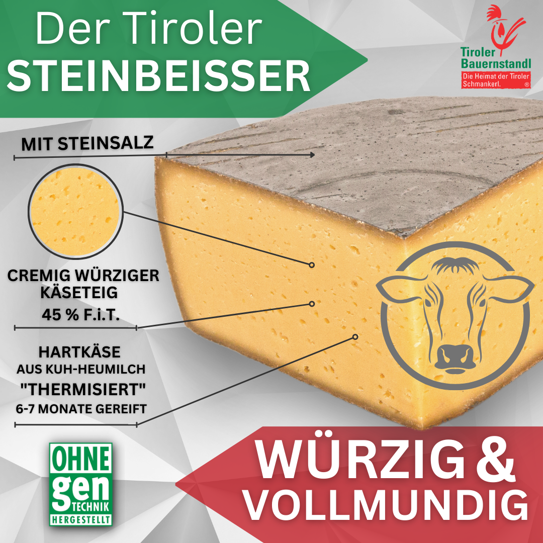 Tiroler Steinbeißer aromatic semi-hard cheese with rock salt | 45% fat i.d. 