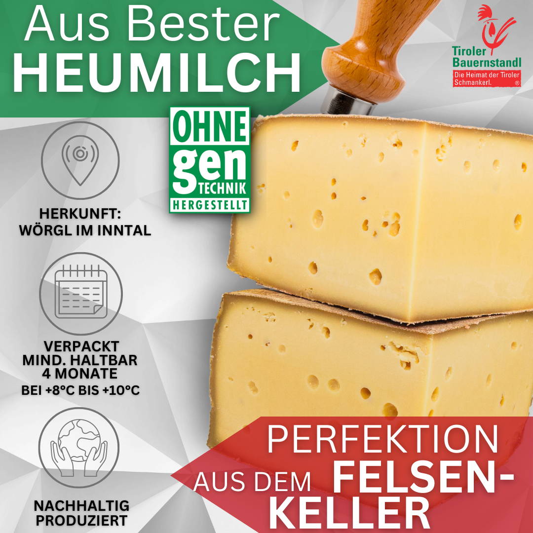 Tiroler Ur-Bergkäse 500g | würzig & cremig 12 Monate gereift | 45 % Fett i. Tr.