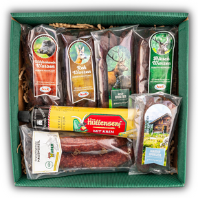 Geschenkbox "Wurzn" | 6 Pack verschiedene Wurst und 1x Hüttensenf aus den Alpen - Tiroler Bauernstandl